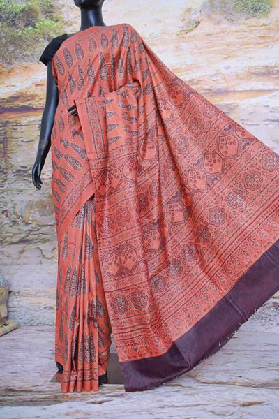 Rust Ajrakh Block Print Mulberry Silk Saree - SSEthnics
