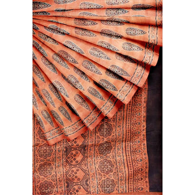 Rust Ajrakh Block Print Mulberry Silk Saree - SSEthnics