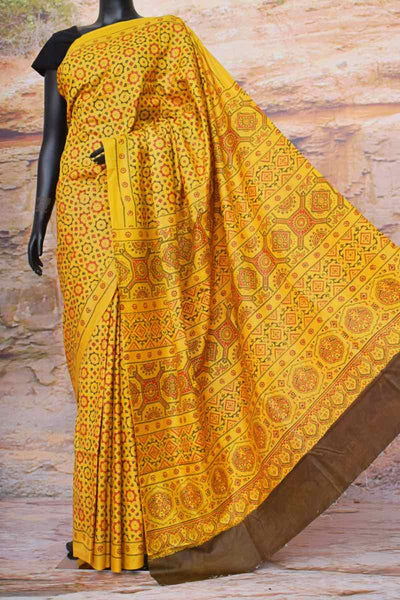 Yellow Ajrakh Block Print Mulberry Silk Saree - SSEthnics