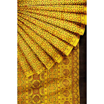 Yellow Ajrakh Block Print Mulberry Silk Saree - SSEthnics
