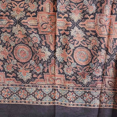 Black Ajrakh Block Print Mulberry Silk Saree - SSEthnics