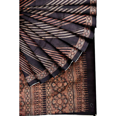 Black Ajrakh Block Print Mulberry Silk Saree - SSEthnics