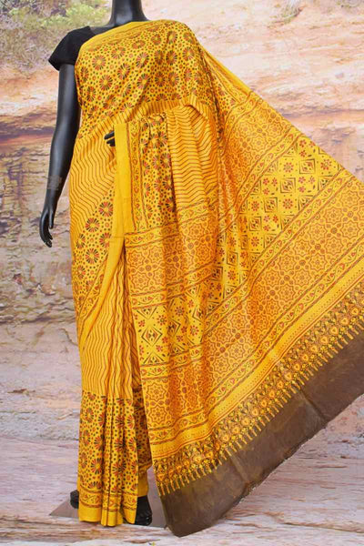 Yellow Ajrakh Block Print Mulberry Silk Saree - SSEthnics