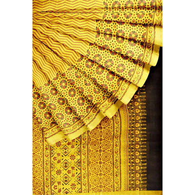 Yellow Ajrakh Block Print Mulberry Silk Saree - SSEthnics