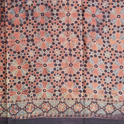 Black Ajrakh Block Print Mulberry Silk Saree - SSEthnics