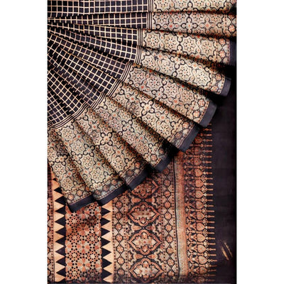 Black Ajrakh Block Print Mulberry Silk Saree - SSEthnics