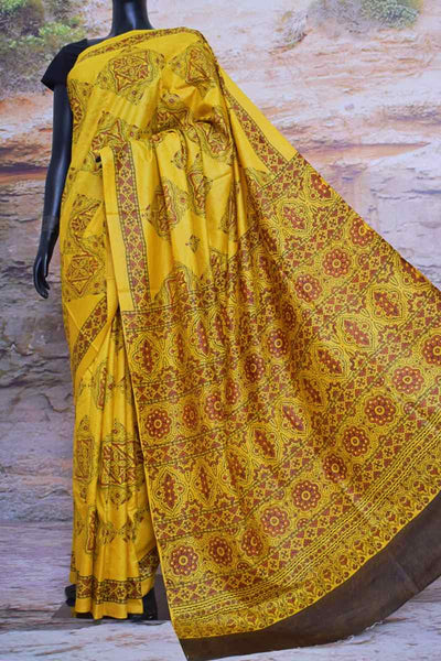 Yellow Ajrakh Block Print Mulberry Silk Saree - SSEthnics