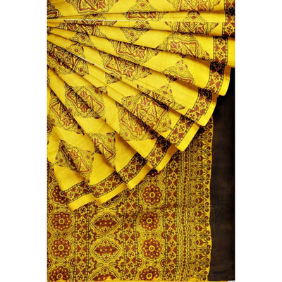 Yellow Ajrakh Block Print Mulberry Silk Saree - SSEthnics