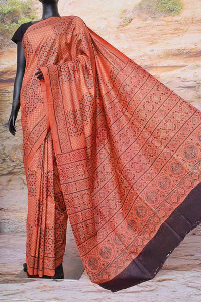 Rust Ajrakh Block Print Mulberry Silk Saree - SSEthnics