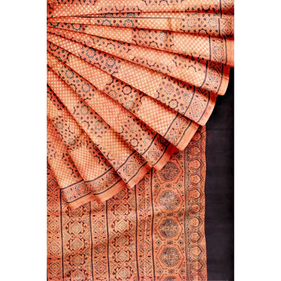 Rust Ajrakh Block Print Mulberry Silk Saree - SSEthnics
