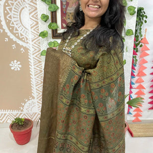 Green Ajrakh Cotton Silk Saree with Zari