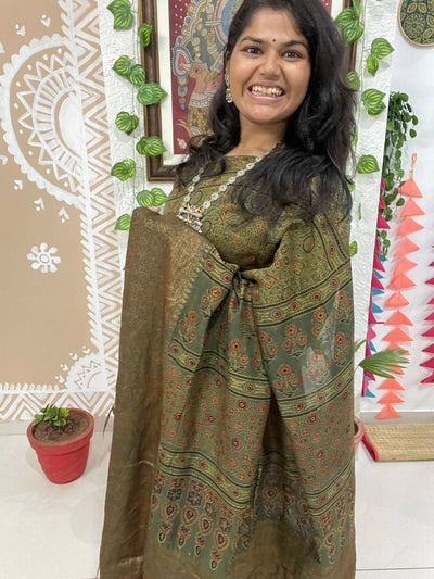 Green Ajrakh Cotton Silk Saree with Zari