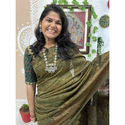 Green Ajrakh Cotton Silk Saree with Zari