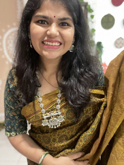 Yellow Ajrakh Cotton Silk Saree with Zari