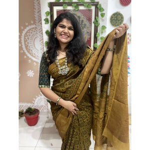 Yellow Ajrakh Cotton Silk Saree with Zari