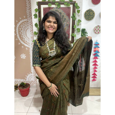 Green Ajrakh Cotton Silk Saree with Zari