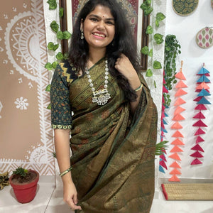 Green Ajrakh Cotton Silk Saree with Zari