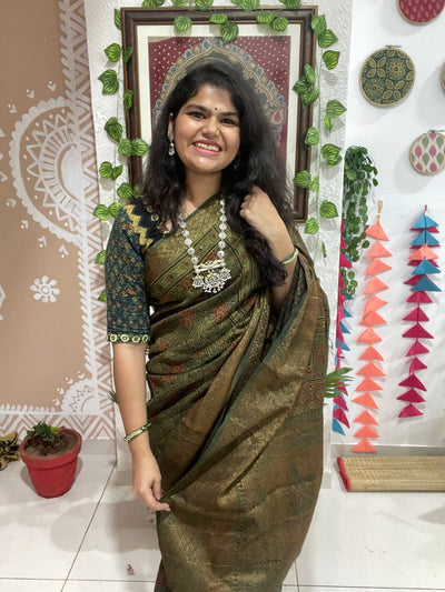 Green Ajrakh Cotton Silk Saree with Zari