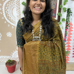 Yellow Ajrakh Cotton Silk Saree with Zari