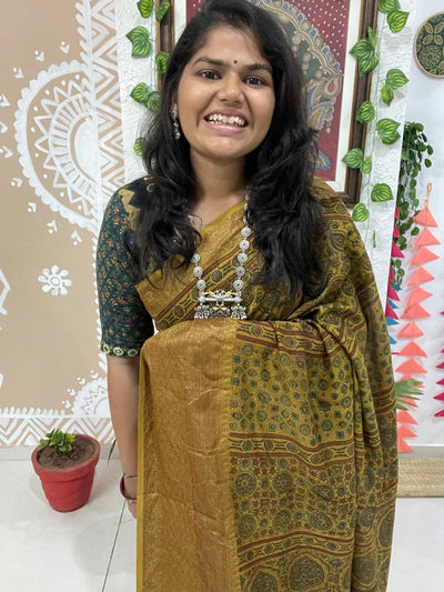 Yellow Ajrakh Cotton Silk Saree with Zari