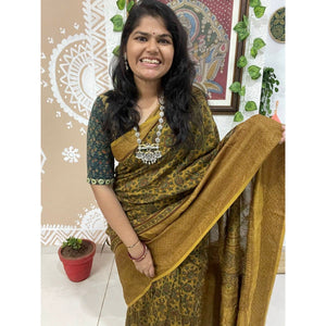 Yellow Ajrakh Cotton Silk Saree with Zari