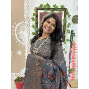 Indigo Ajrakh Cotton Silk Saree with Zari
