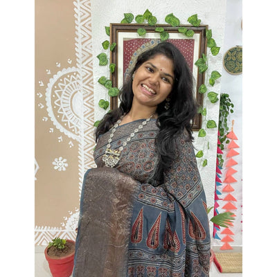 Indigo Ajrakh Cotton Silk Saree with Zari