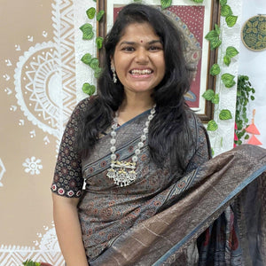 Indigo Ajrakh Cotton Silk Saree with Zari