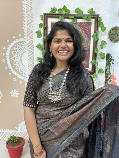 Indigo Ajrakh Cotton Silk Saree with Zari