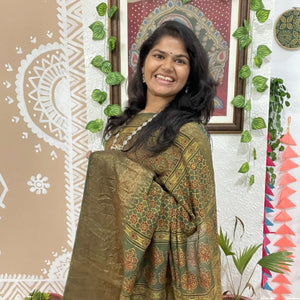 Green Ajrakh Cotton Silk Saree with Zari