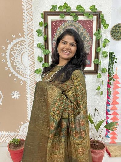 Green Ajrakh Cotton Silk Saree with Zari