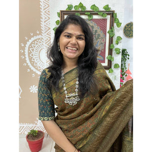 Green Ajrakh Cotton Silk Saree with Zari