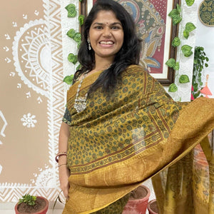 Yellow Ajrakh Cotton Silk Saree with Zari