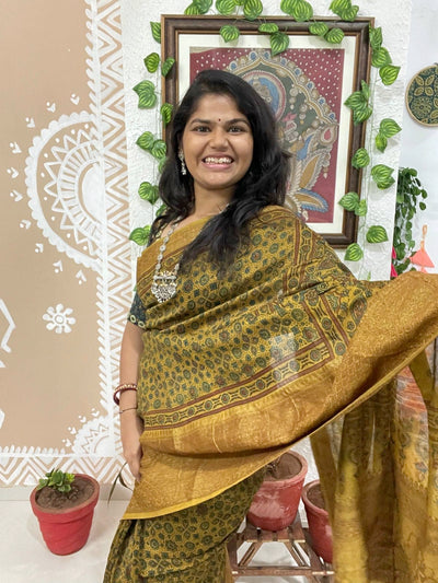 Yellow Ajrakh Cotton Silk Saree with Zari
