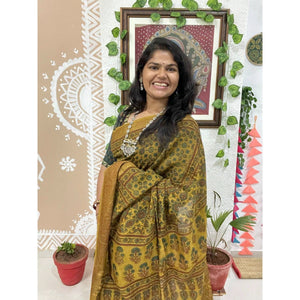 Yellow Ajrakh Cotton Silk Saree with Zari
