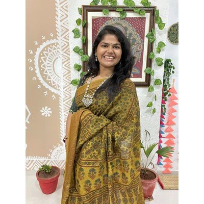 Yellow Ajrakh Cotton Silk Saree with Zari