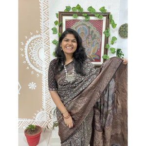 Black Ajrakh Cotton Silk Saree with Zari