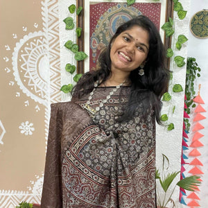 Black Ajrakh Cotton Silk Saree with Zari