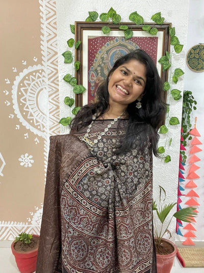 Black Ajrakh Cotton Silk Saree with Zari
