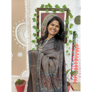 Indigo Ajrakh Cotton Silk Saree with Zari
