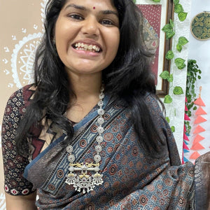 Indigo Ajrakh Cotton Silk Saree with Zari