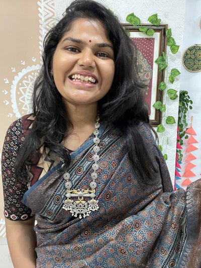 Indigo Ajrakh Cotton Silk Saree with Zari