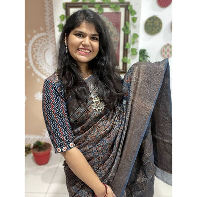 Indigo Ajrakh Cotton Silk Saree with Zari