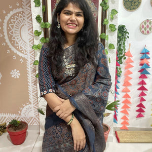 Indigo Ajrakh Cotton Silk Saree with Zari