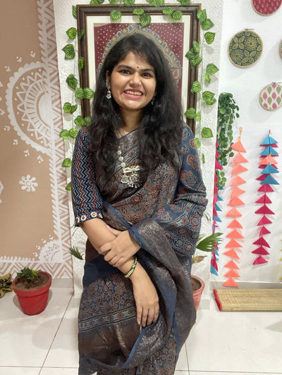 Indigo Ajrakh Cotton Silk Saree with Zari