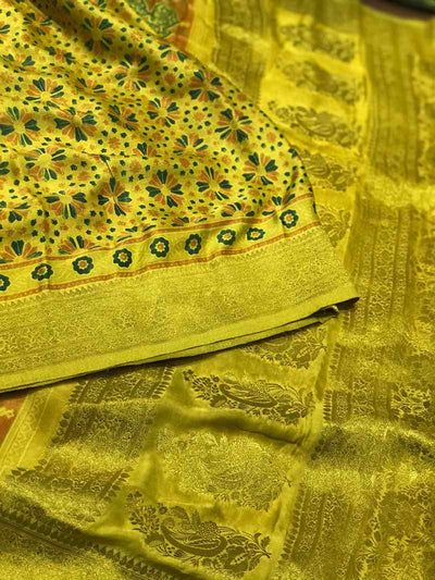 Yellow Ajrakh Banarasi Modal Silk Saree with Zari - SSEthnics