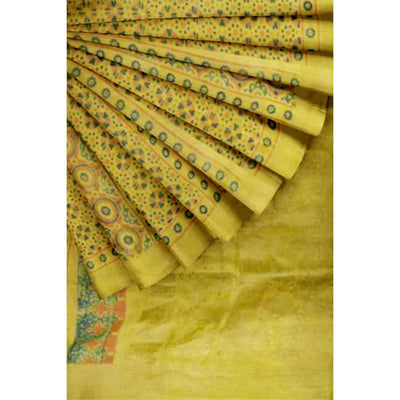 Yellow Ajrakh Banarasi Modal Silk Saree with Zari - SSEthnics