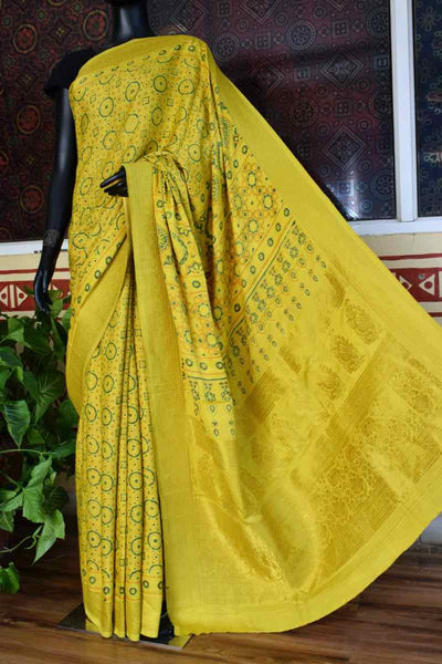 Yellow Ajrakh Banarasi Modal Silk Saree with Zari - SSEthnics