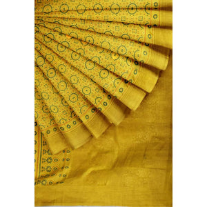 Yellow Ajrakh Banarasi Modal Silk Saree with Zari - SSEthnics