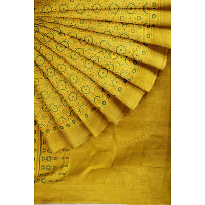 Yellow Ajrakh Banarasi Modal Silk Saree with Zari - SSEthnics